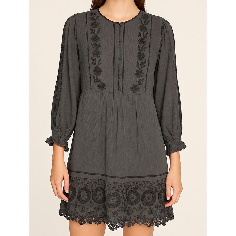Rungolee 100% Silk Dress Black Embroidered Lace Boho Women's Size XS